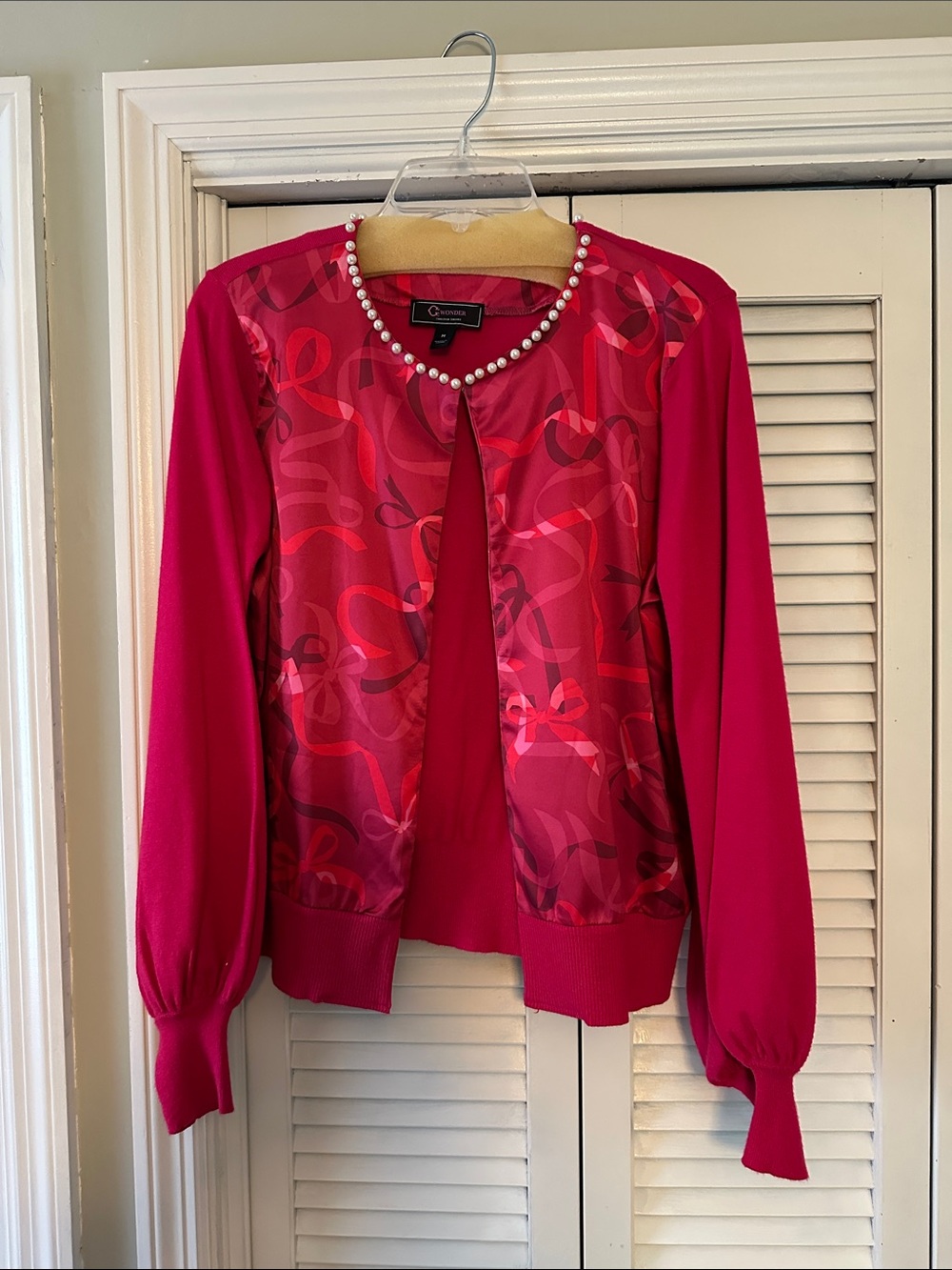 C. Wonder Fuchsia Patterned Pearl-Trim Open-Front Jacket